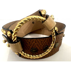 Vtg 1994 Tan LeatherRock Wide Belt w/ Brass Grommets & Buckle USA San Diego BOHO